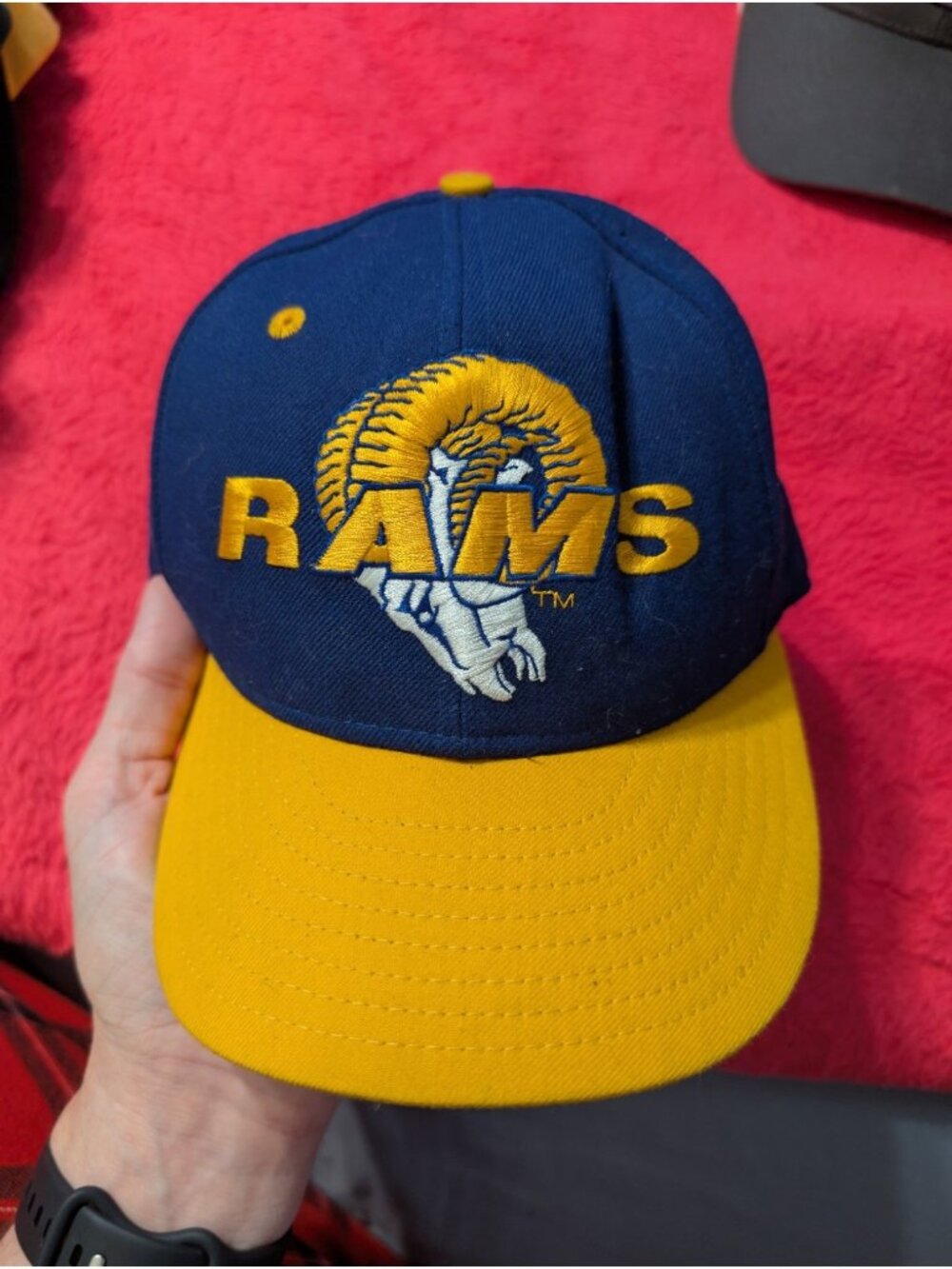 Vtg 90s New Era 5950 Rams NFL Wool Fitted Hat Cap Size 7 USA Purple Gold Flawed